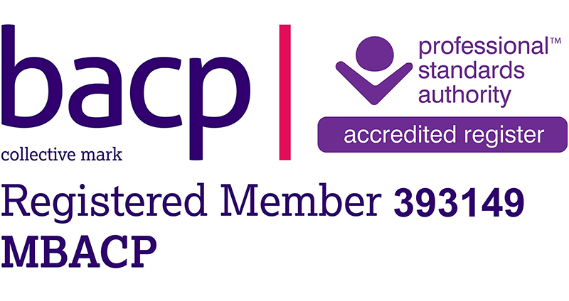 bacp collective mark, registered member 393149 MBACP, professional standards authority accredited register